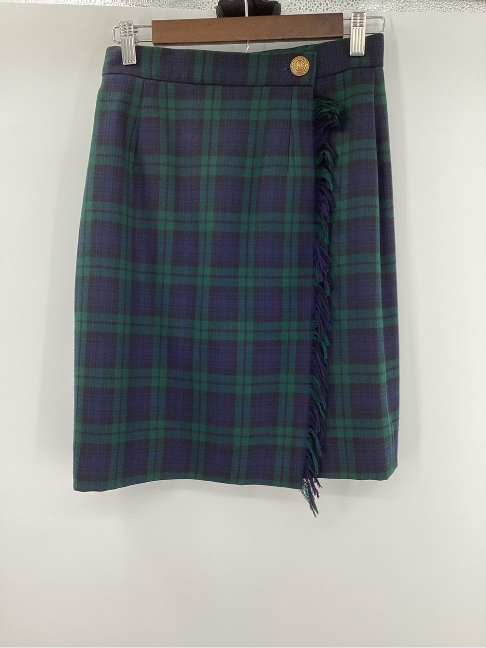 JH Collectibles Wool Green & Navy Plaid Fringe Wrap Midi Skirt
